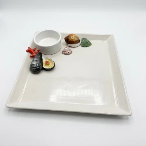 Assiette carrée avec petit bol mer
