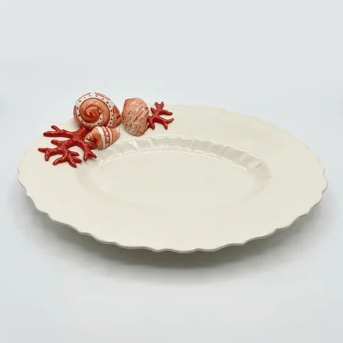 Grand plat ovale creux corail rouge